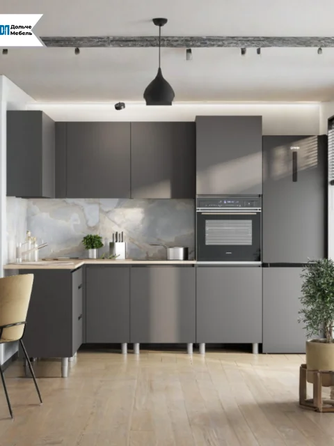 Кухонный гарнитур угловой Денвер 160х220 см с пеналом, модульная кухня без столешницы, цвет графит серый